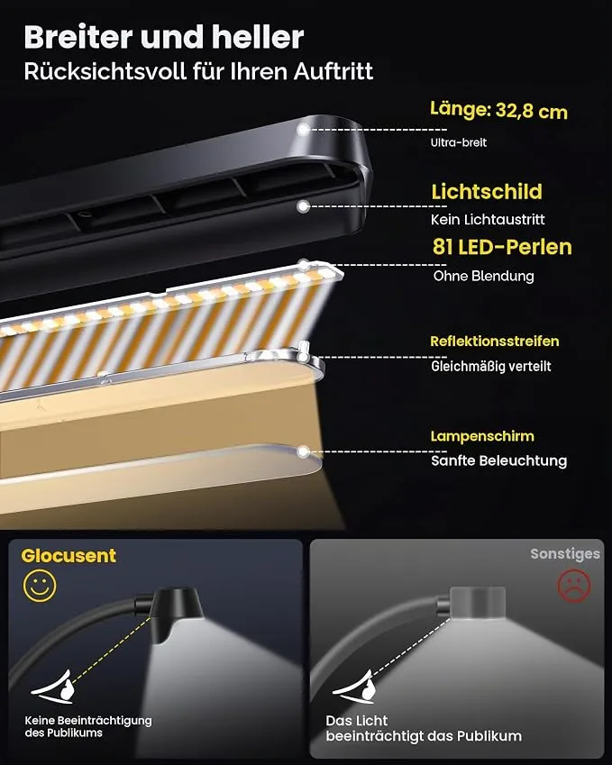 Glocusent Akku LED Notenpultleuchte schwarz, dimmbar,