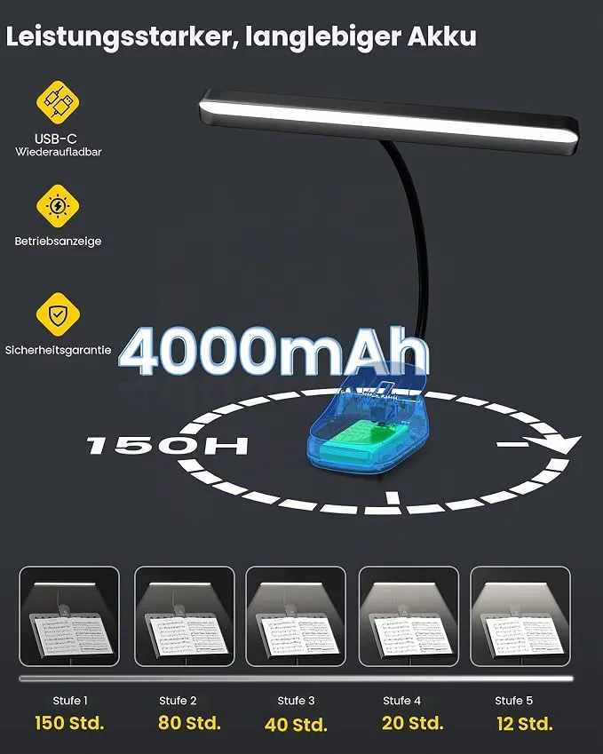 Glocusent Akku LED Notenpultleuchte schwarz, dimmbar,